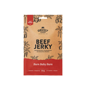 Grizzly Foods Beef Jerky Burn Baby Burn 50g pack - handmade German spicy beef jerky, high protein snack
