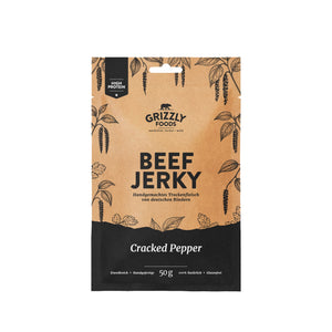 Grizzly Foods Beef Jerky Cracked Pepper 50g pack - handmade German beef jerky, high protein snack