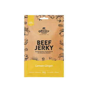 Grizzly Foods Beef Jerky Lemon Ginger 50g pack - handmade German beef jerky, high protein snack