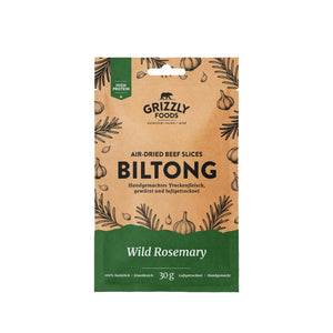 Grizzly Foods Biltong Wild Rosemary 30g pack, front of pack with green panel and rosemary and garlic art
