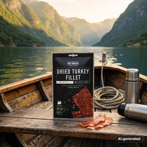 Meat Makers Turkey Dried Fillet on the deck of a small boat on a fjord, with a rope and thermos in the evening sun, AI-generated image