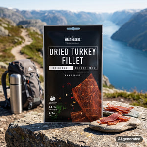 Meat Makers Turkey Dried Fillet on a rock beside a mountain trail above a Norwegian fjord, with a backpack and thermos, AI-generated image