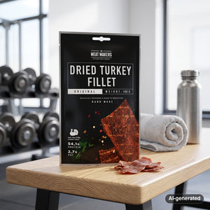 Meat Makers Turkey Dried Fillet on a gym bench, with dumbbells, a towel and a water bottle in the background, AI-generated image