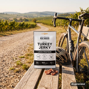 Meat Makers Turkey Original Sports on a bench by a gravel road through vineyards, with a bike and a cycling helmet, AI-generated image