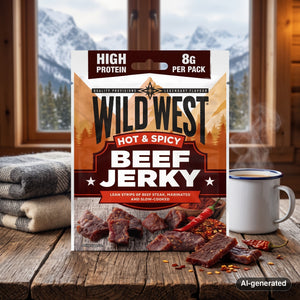 Wild West Beef Jerky Hot & Spicy on a wooden table in a mountain cabin, with a wool blanket, an enamel mug and snowy mountains outside, AI-generated image